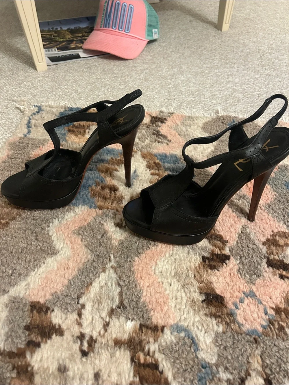 Saint Laurent Black Leather T-Strap Slingback Heels - Picture 2 of 6